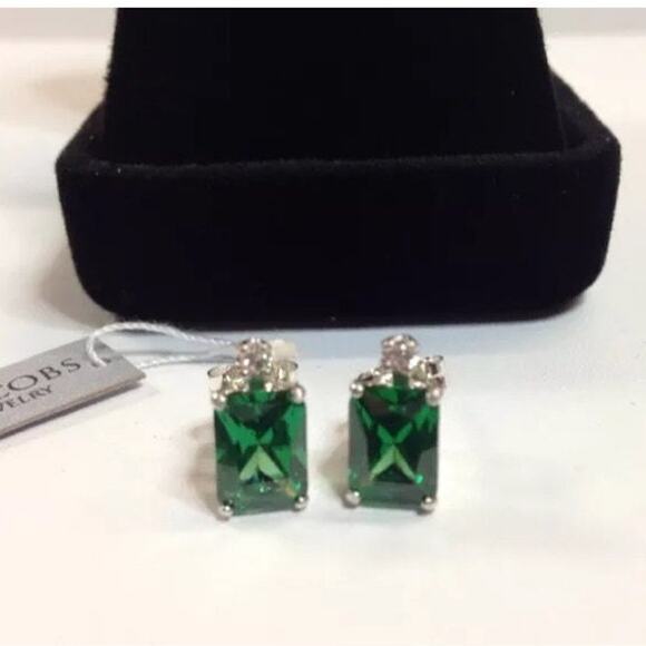 Beautiful 3ctw Emerald & White Sapphire Earrings Emerald Cut Emerald Earrings - Picture 3 of 6